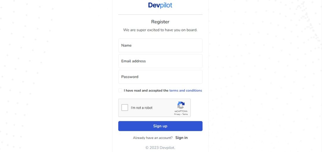 Devpilot sign up page