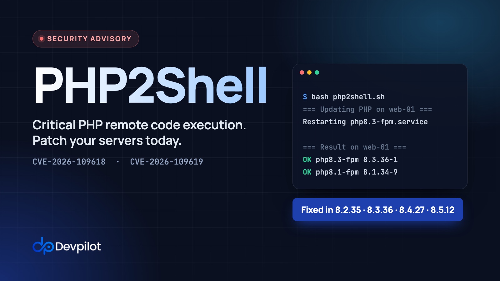 PHP2Shell security advisory: critical PHP remote code execution, CVE-2026-109618 and CVE-2026-109619. Patch your servers today.